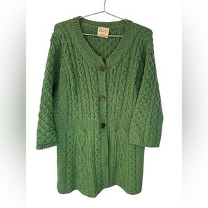 Merino Wool 100% Pure New Wool Green Cable Knit Cardigan Made in Ireland